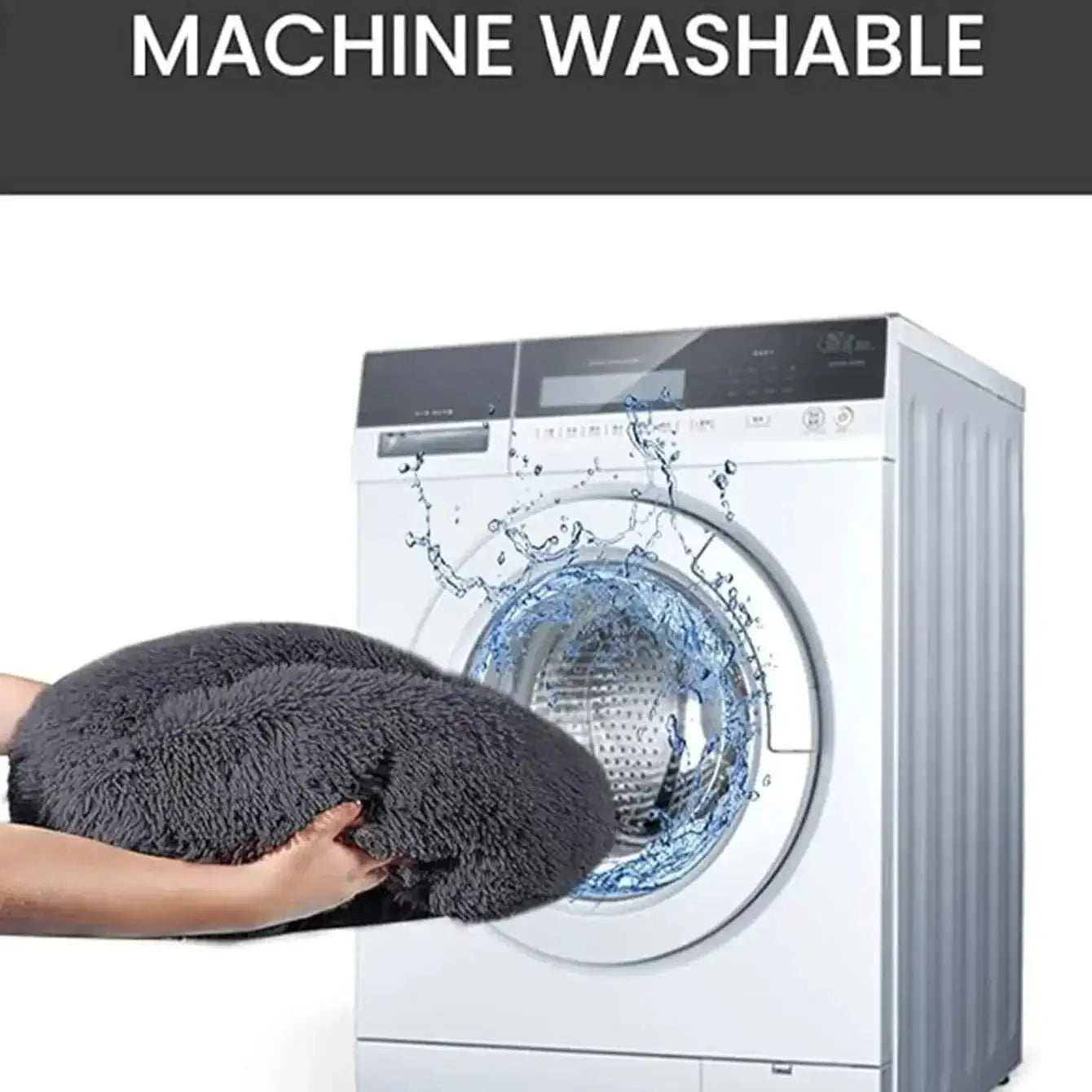 Fluffy calming dog bed being placed in a washing machine, showcasing its machine washable feature.