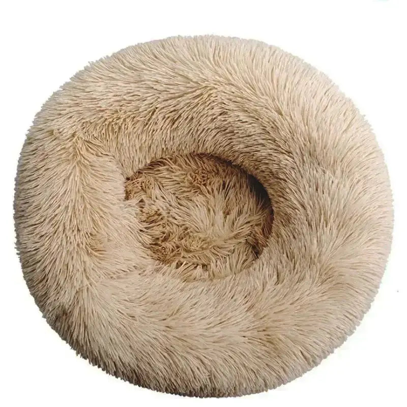 Cozy fluffy calming pet bed in beige with raised rim, perfect for large dogs to reduce anxiety and enhance relaxation.